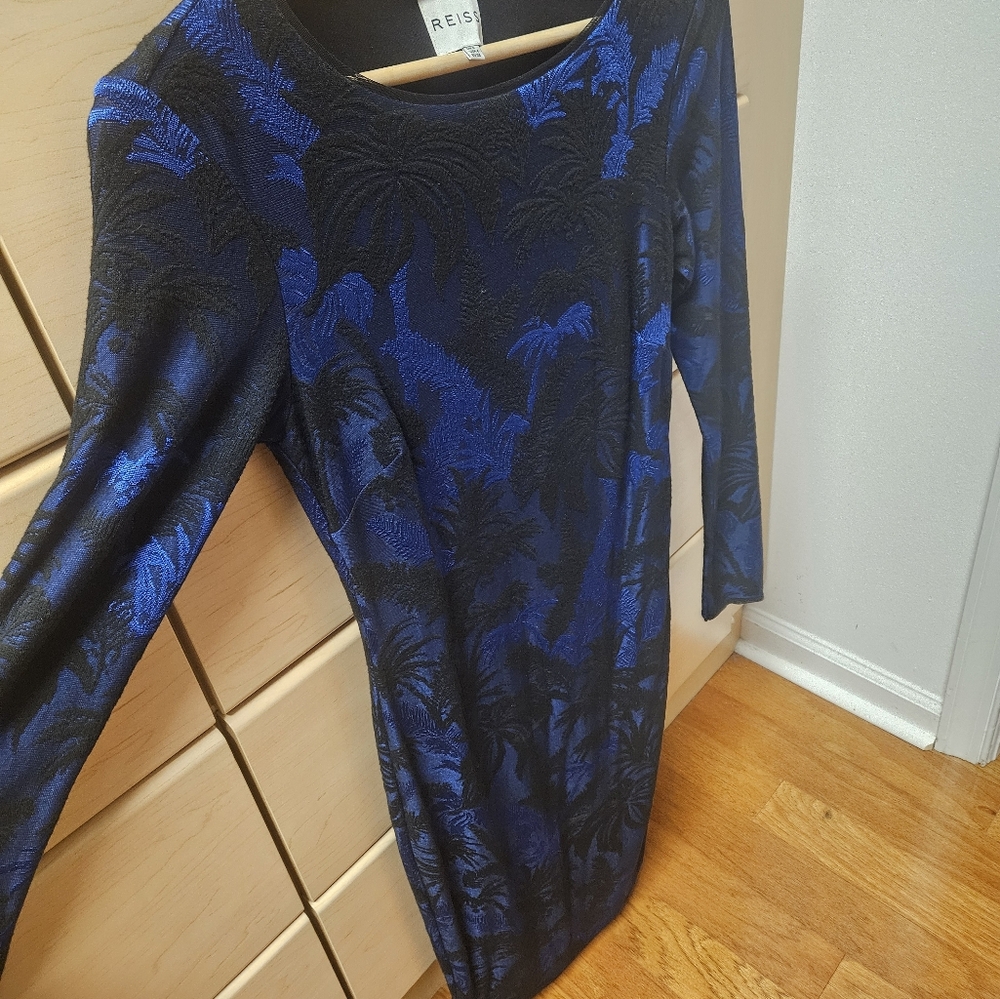 Reiss Black/Blue Long Sleeve Palm Dress Size 4